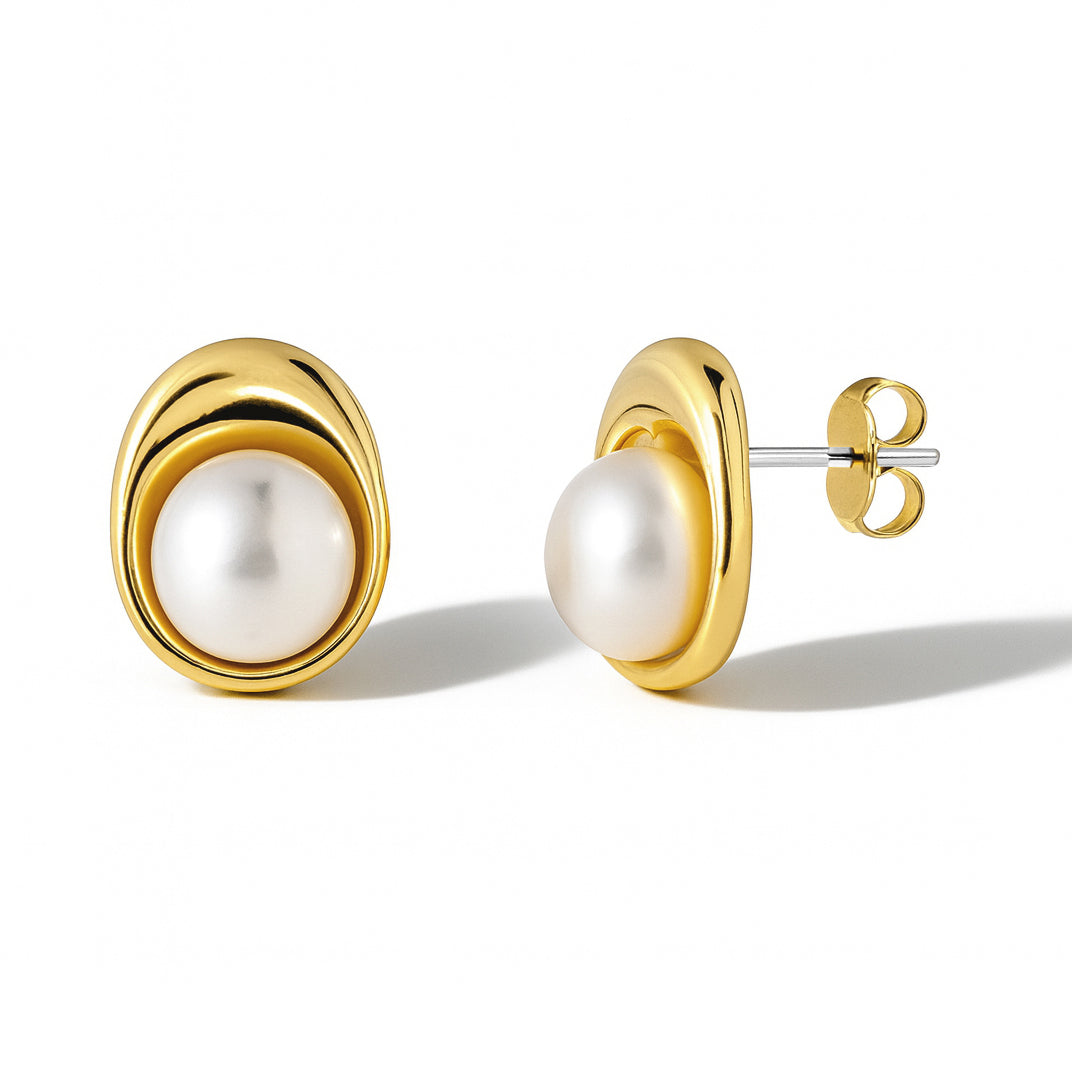 Oval Bezel Pearl Studs