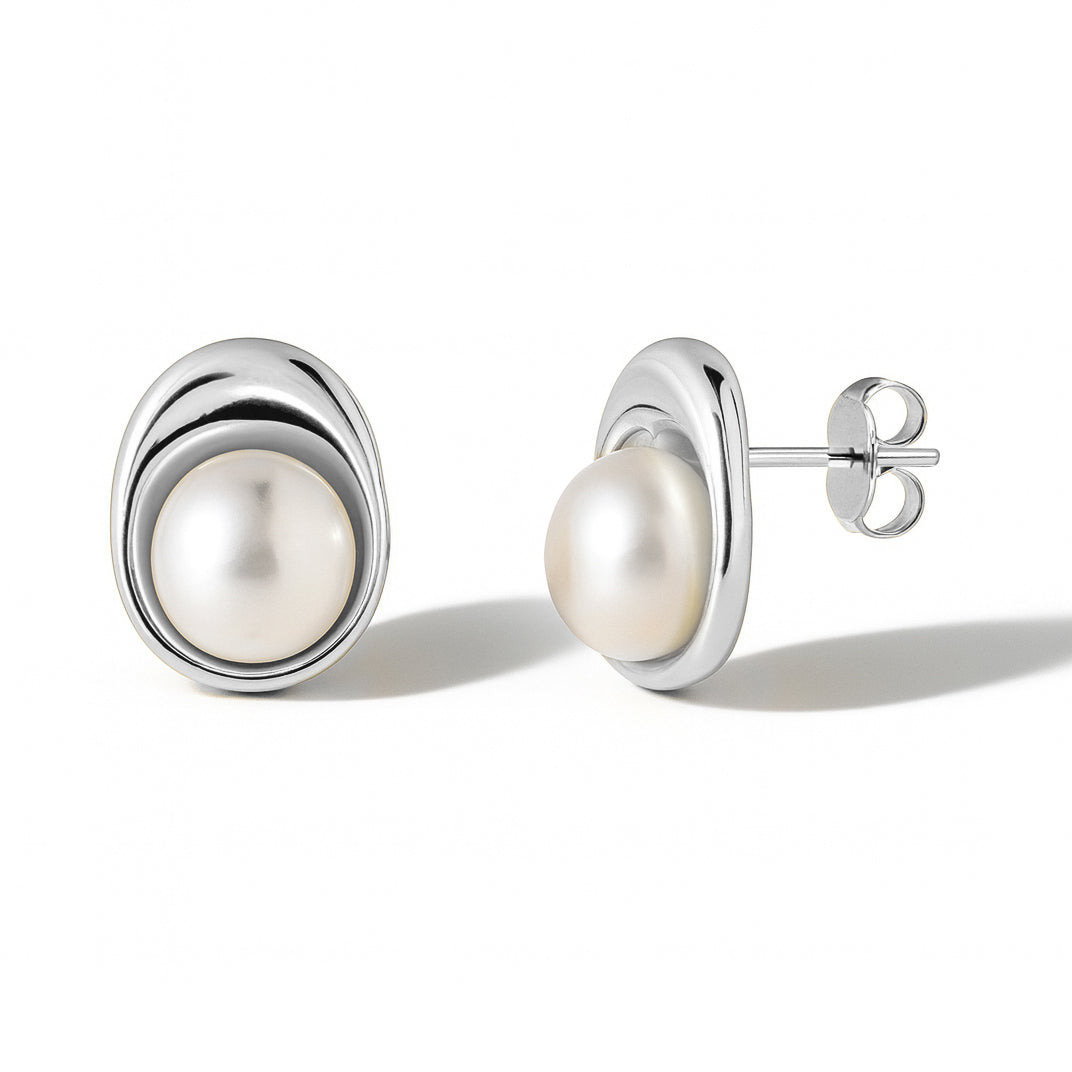 Oval Bezel Pearl Studs