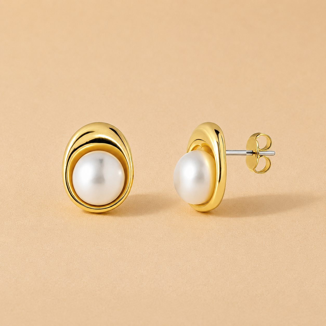 Oval Bezel Pearl Studs