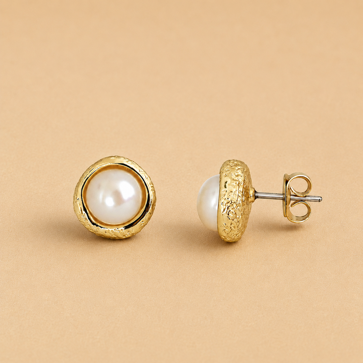 Hammered Bezel Pearl Studs