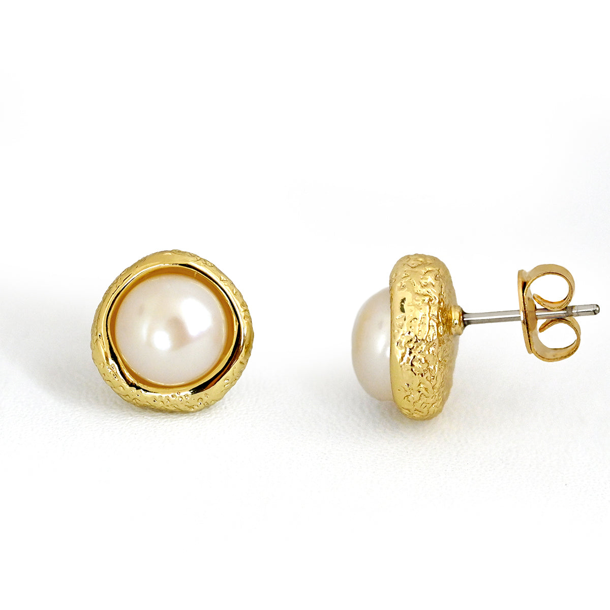 Hammered Bezel Pearl Studs