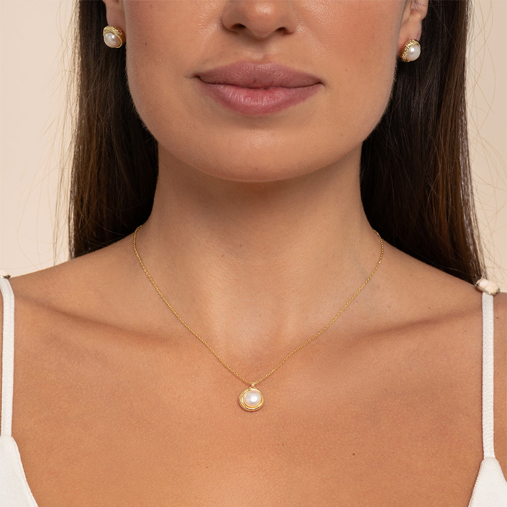 Hammered Bezel Pearl Studs